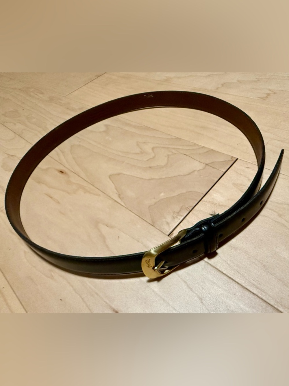 VTG Yves Saint Laurent YSL Slim Leather Belt Black Brass Buckle Logo Men’s 38*